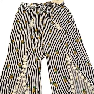 NWT Solitaire Swim Coverup Pants Pineapple and Stripes Pom Poms Drawstring pants